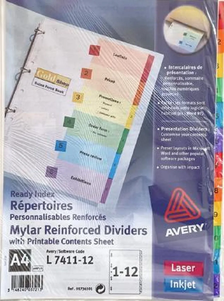 Tabbladen Avery Readyindex 9-gaats 12-delig 1-12 de Avery en Assorti – photo produit