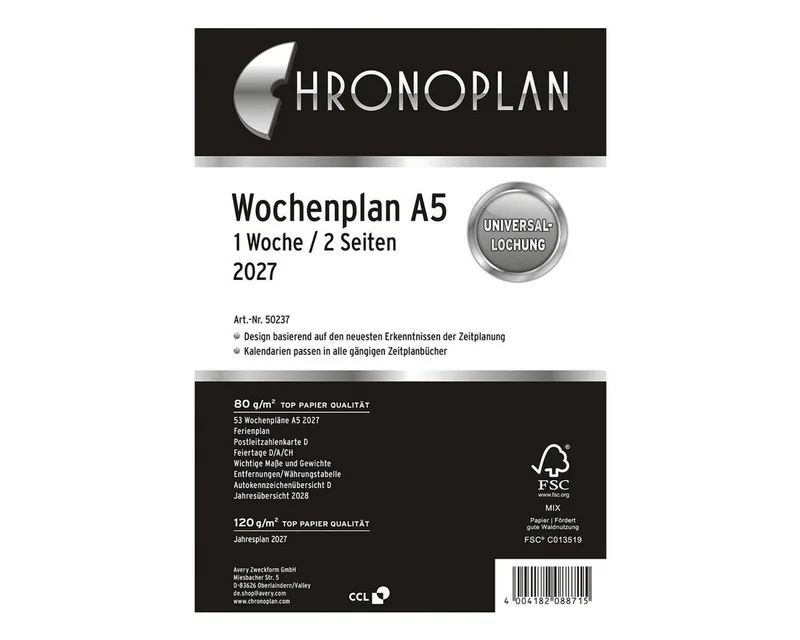 Terminplaner Chronoplan Wochenplan 2027, Kalendereinlage, 1 Woche = 2 Seiten by Avery in White – product photo