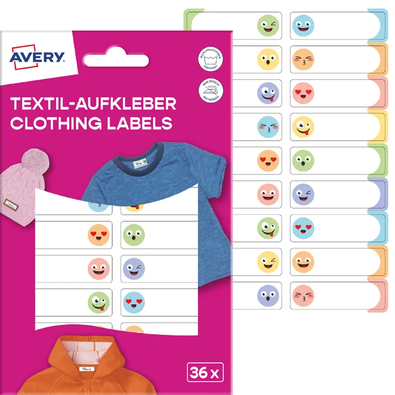 Textil-Etiketten, 13 x 45 mm, Gesichter, bunt van Avery – productfoto