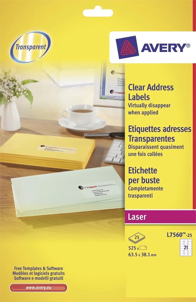 transparante etiketten QuickPEEL formaat 635 x 381 mm (b x h) 525 stuks 21 per blad de Avery en Transparent – photo produit