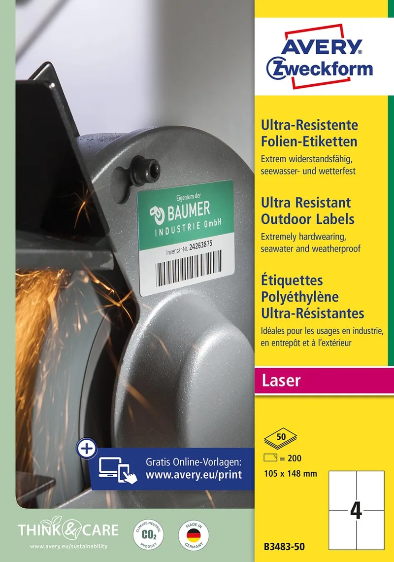 ultra resistente etiketten, ft 105 x 148 mm, doos van 200 etiketten van Avery – productfoto
