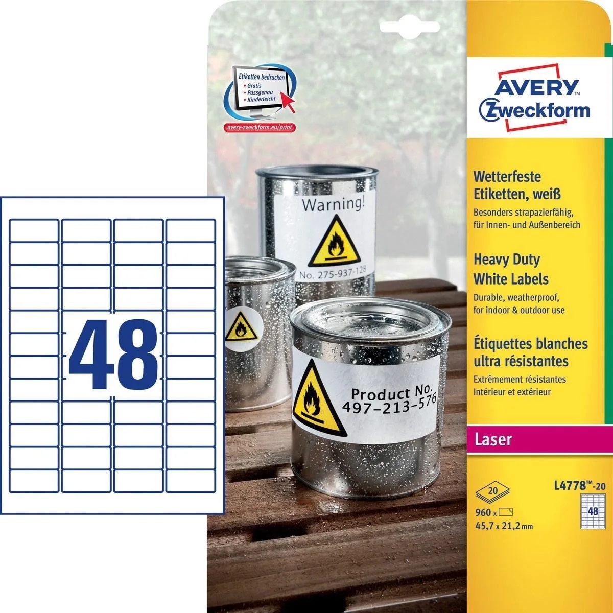 ultra-sterke witte etiketten formaat 457 x 212 mm (b x h) 960 stuks 48 per blad de Avery en Blanc – photo produit
