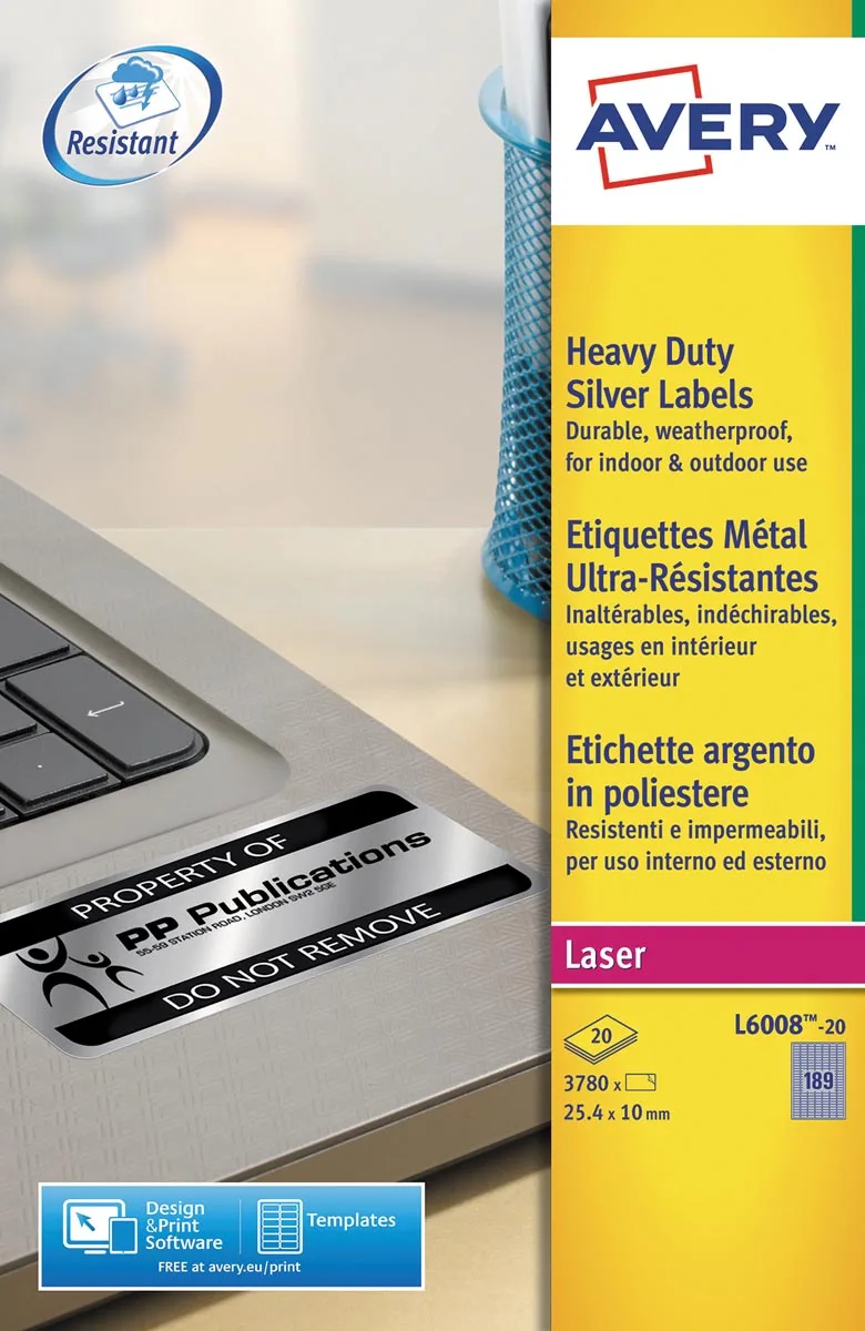 ultra-sterke zilverkleurige etiketten ft 24,5 x 10 mm (b x h), 3.780 stuks, 189 per blad van Avery – productfoto