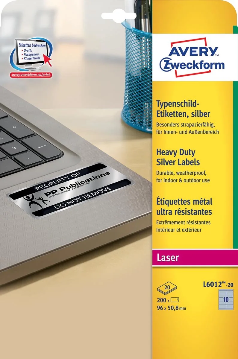 ultra-sterke zilverkleurige etiketten ft 96 x 50,8 mm (b x h), 200 stuks, 10 per blad 5 stuks van Avery in 96 × 50, 8 mm – productfoto