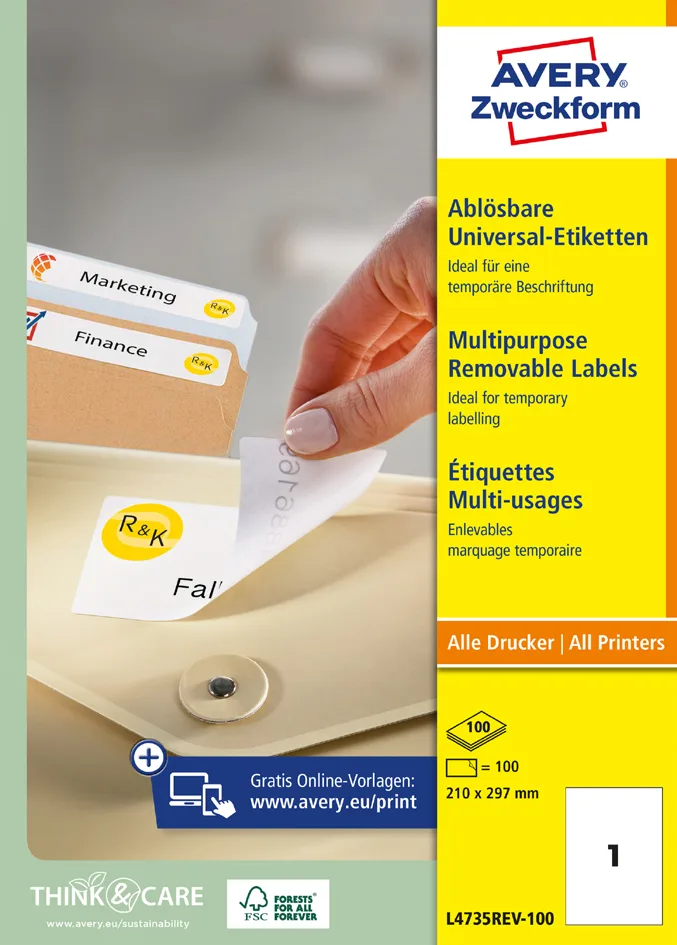 Universal-Etiketten, 210 x 297 mm, weiß by Avery – product photo