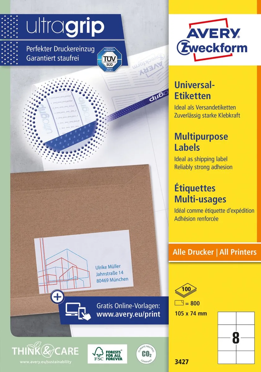 Universele Etiketten, 105,0 x 74,0 mm, permanent klevend från Avery i Vit – produktbild