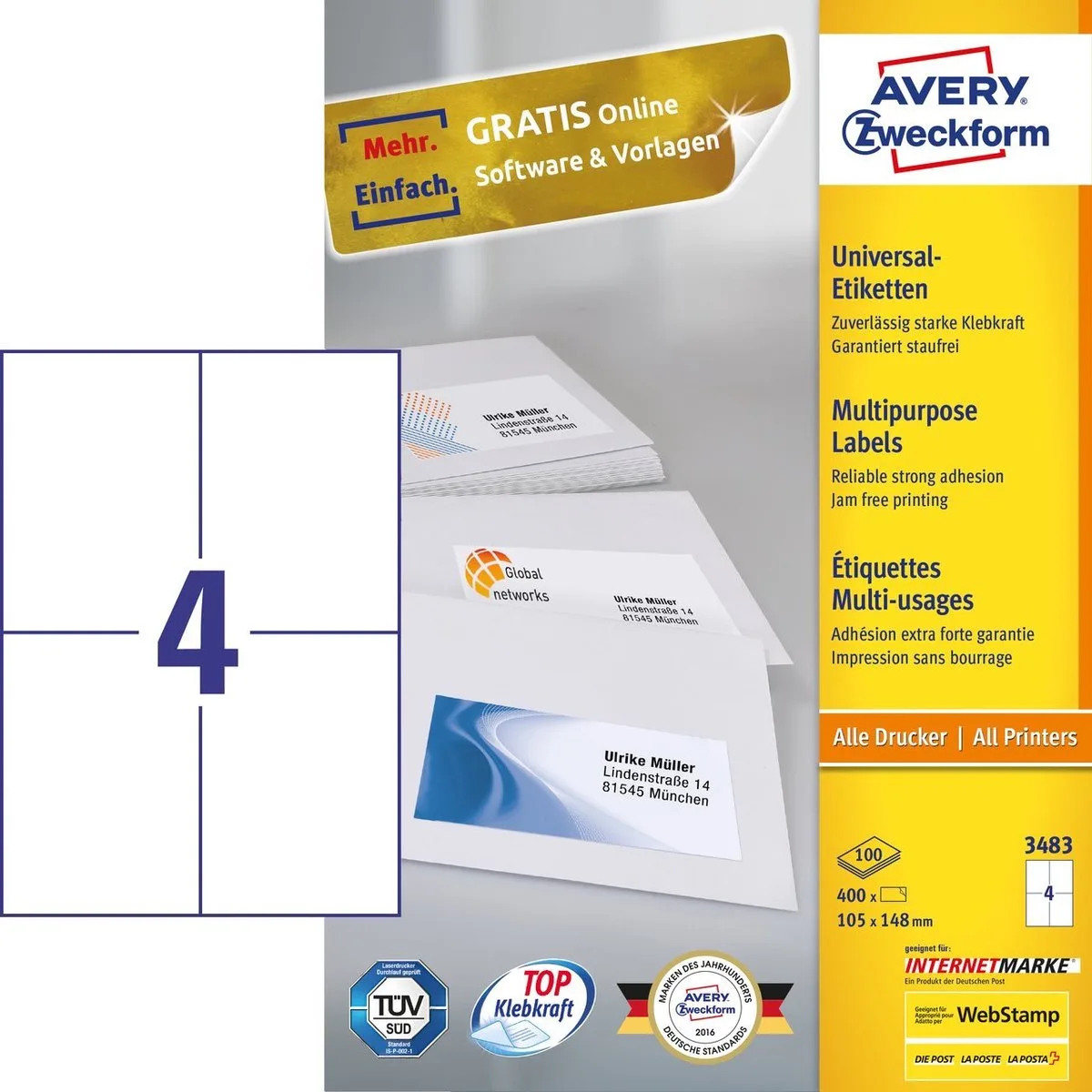 universele etiketten 105 x 148 mm, 3483 (verpakking 400 stuks) de Avery en Blanc – photo produit
