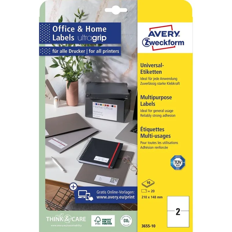 universele etiketten, 210 x 148 mm, wit, permanent klevend, 20 etiketten, 10 vellen van Avery – productfoto