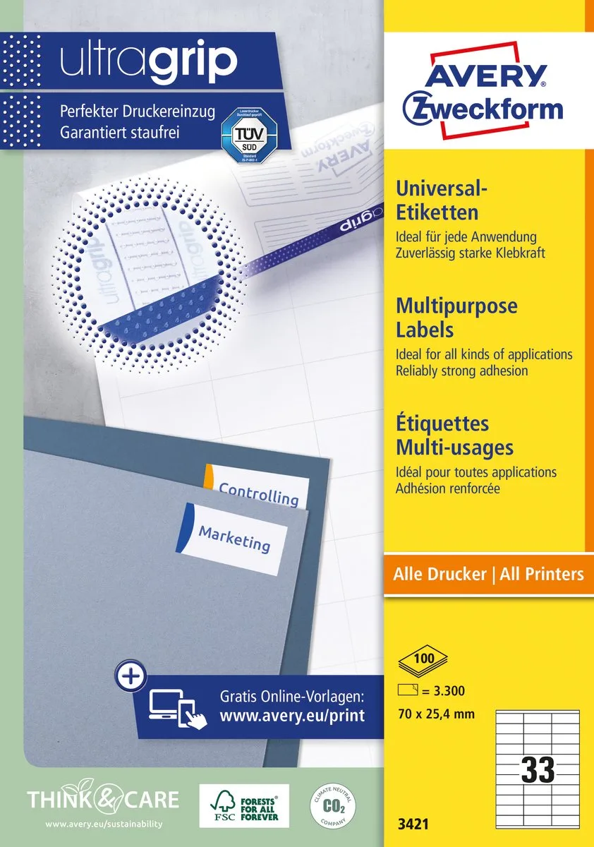 Universele Etiketten, 70,0 x 25,4 mm, permanent klevend de Avery en Blanc – photo produit