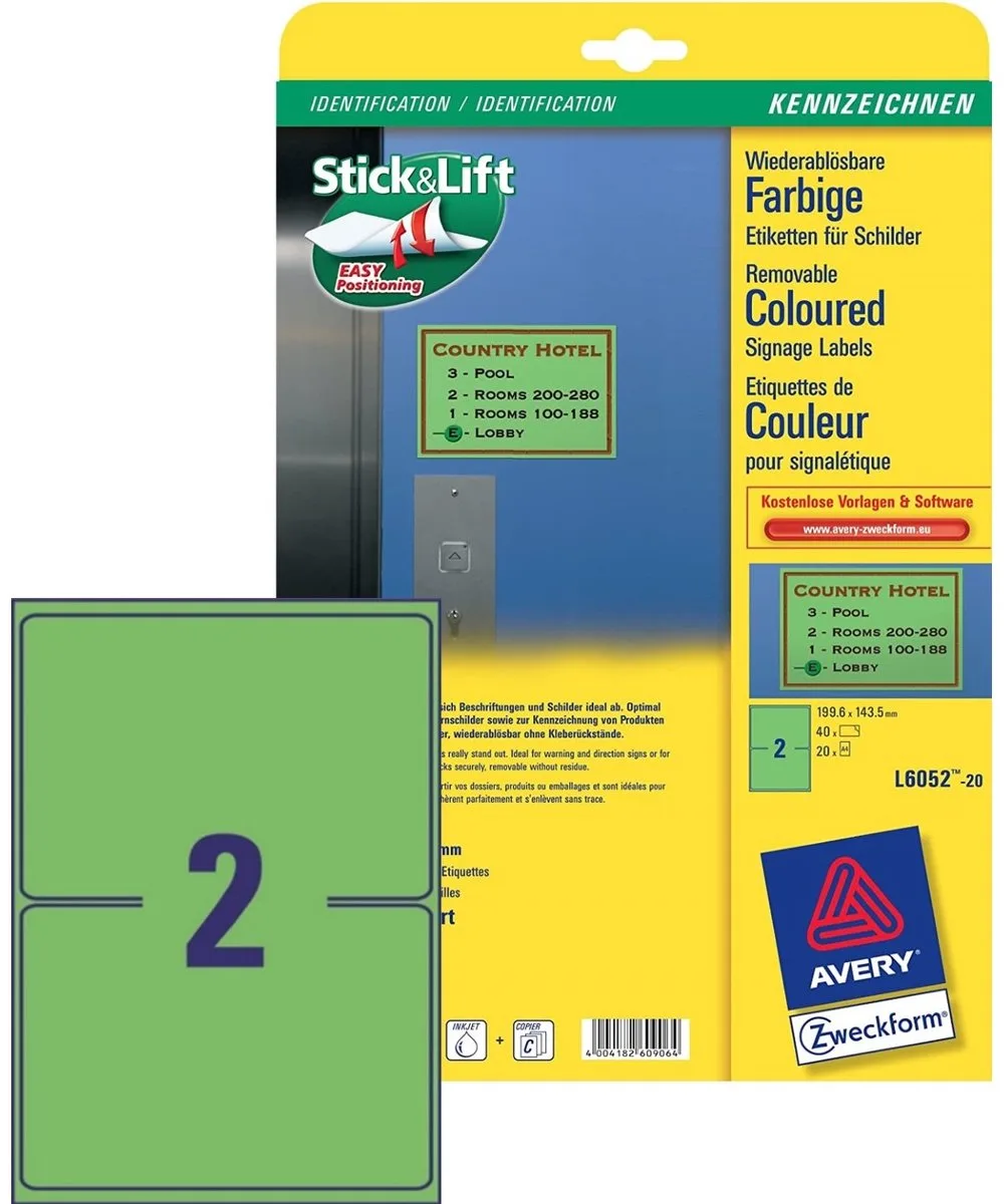 Verwijderbare etiketten 199,6x143,5mm 40 stuks van Avery in Groen – productfoto