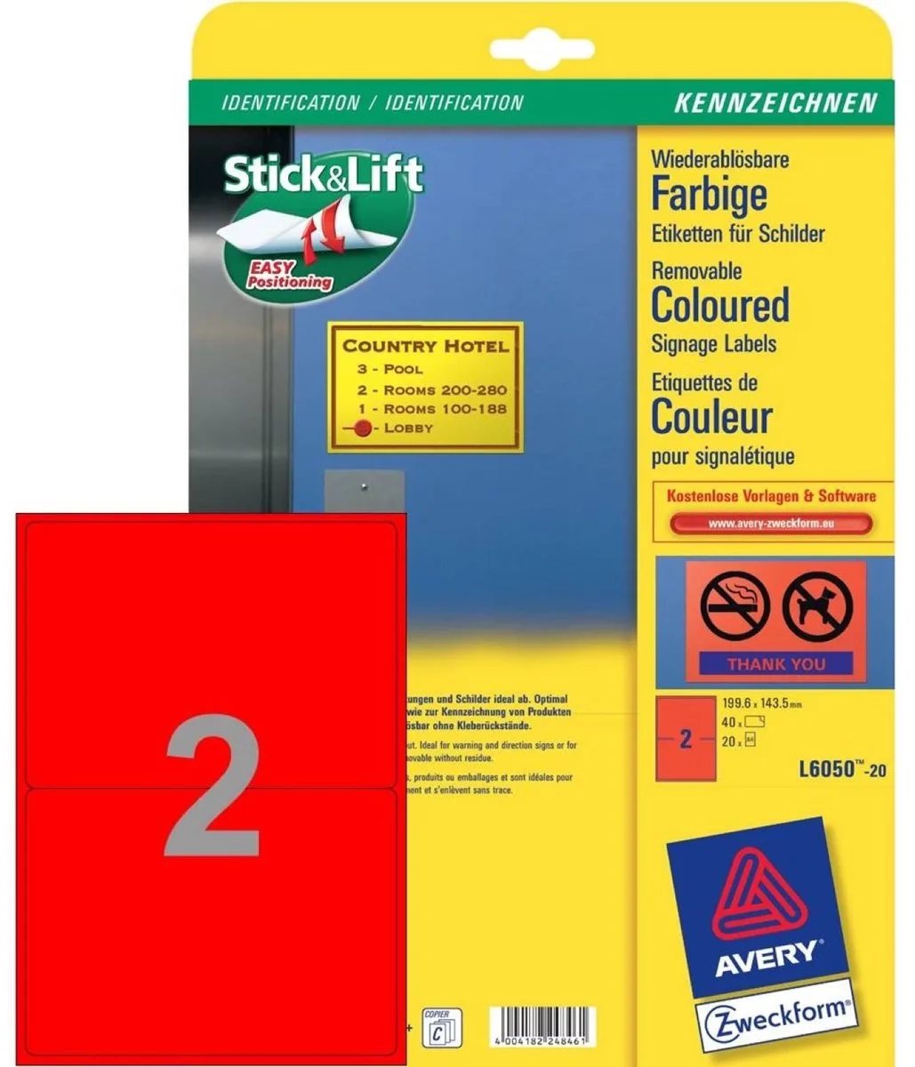 Verwijderbare etiketten 199,6x143,5mm 40 stuks van Avery in Rood – productfoto