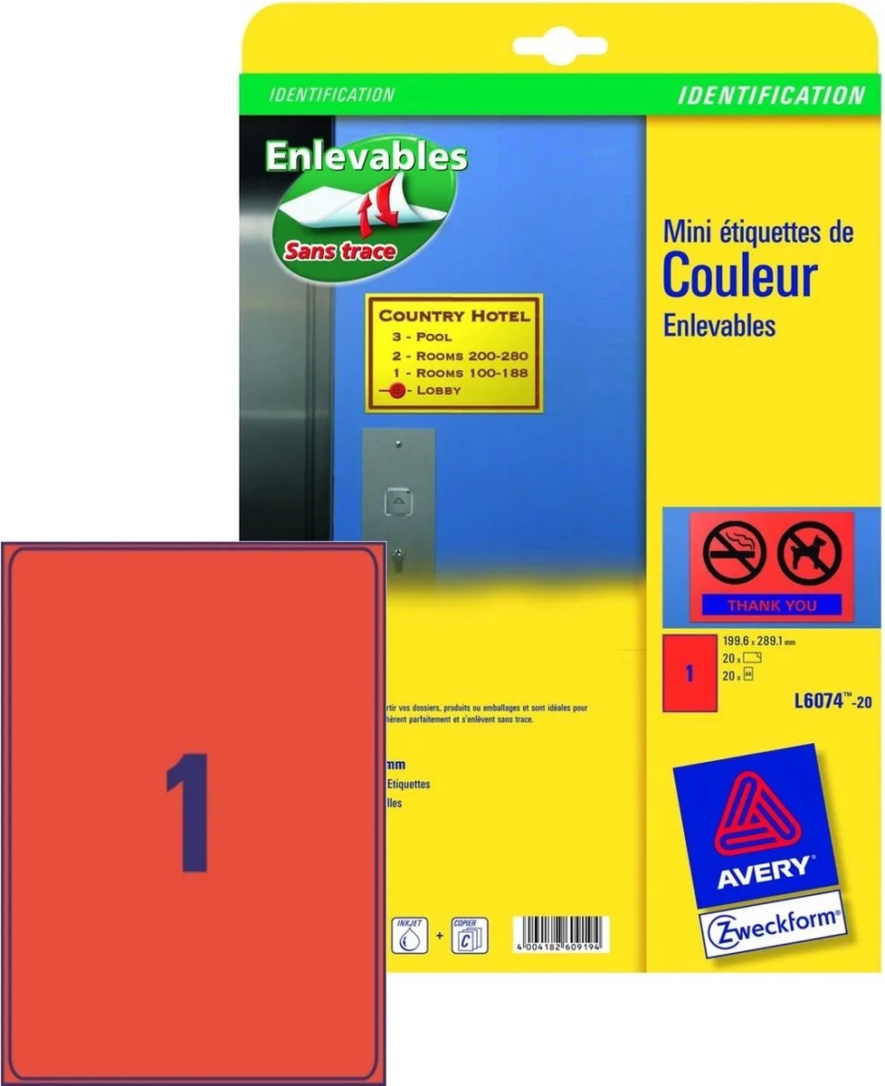 Verwijderbare etiketten A4 199,6x289,1mm 20 stuks van Avery in Rood – productfoto
