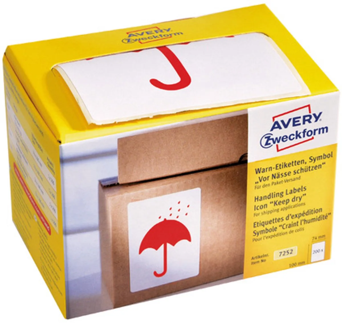 Verzendetiket 'Keep dry' - Waarschuwings etiket 200 st van Avery in Geel – productfoto