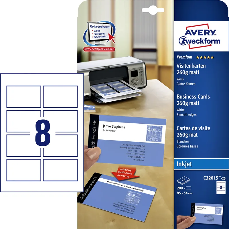Visitekaart avery c32015-25 85x54mm mat 200st van Avery – productfoto