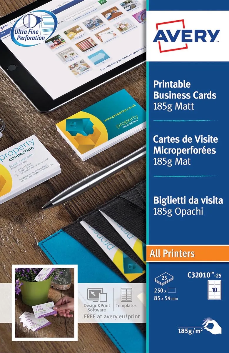 visitekaarten 185 g/m², 10 per blad, 250 stuks 5 stuks de Avery en Blanc – photo produit