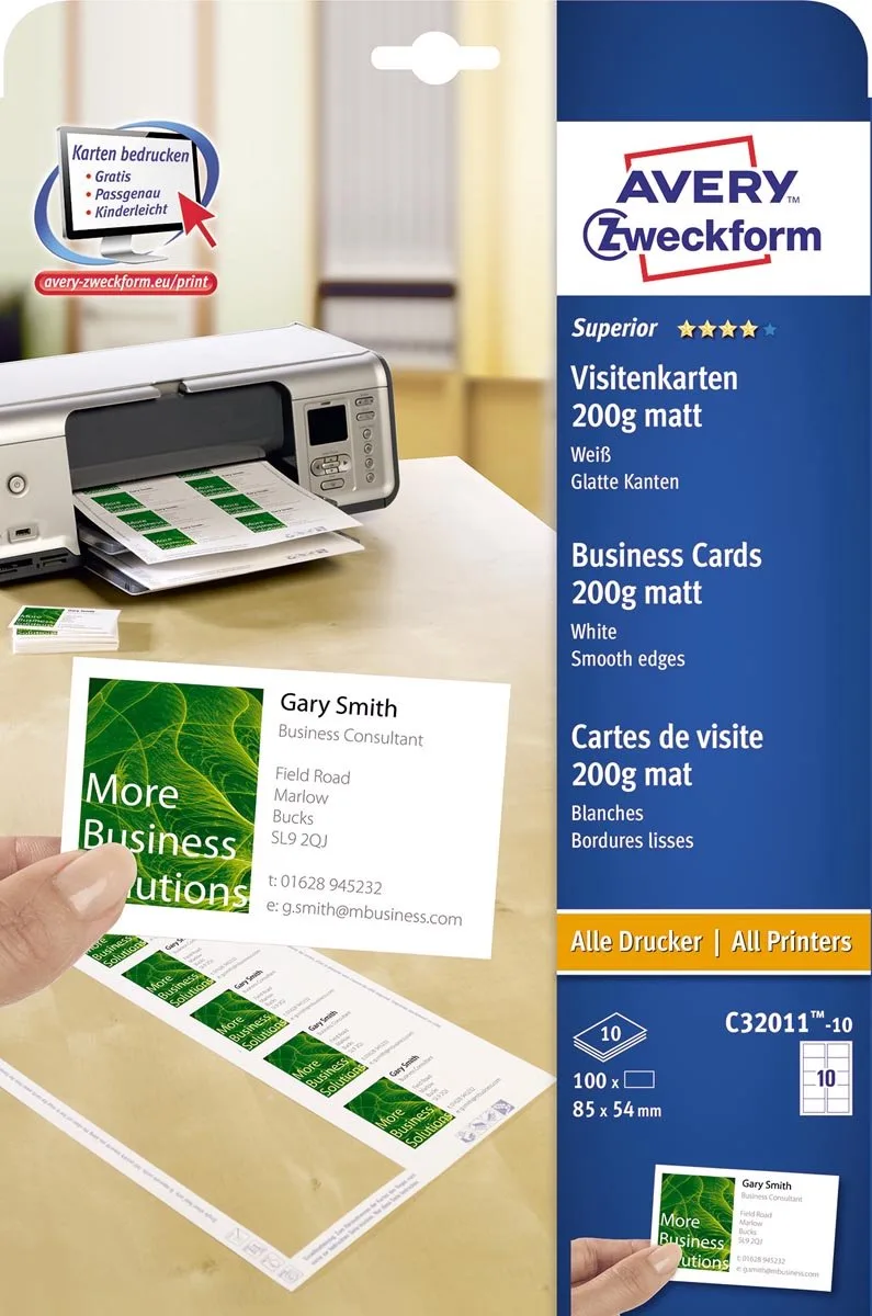 visitekaarten 200 g/m², Ft 85 x 54 mm (10 per blad), doos van 10 blad 5 stuks van Avery in Wit – productfoto