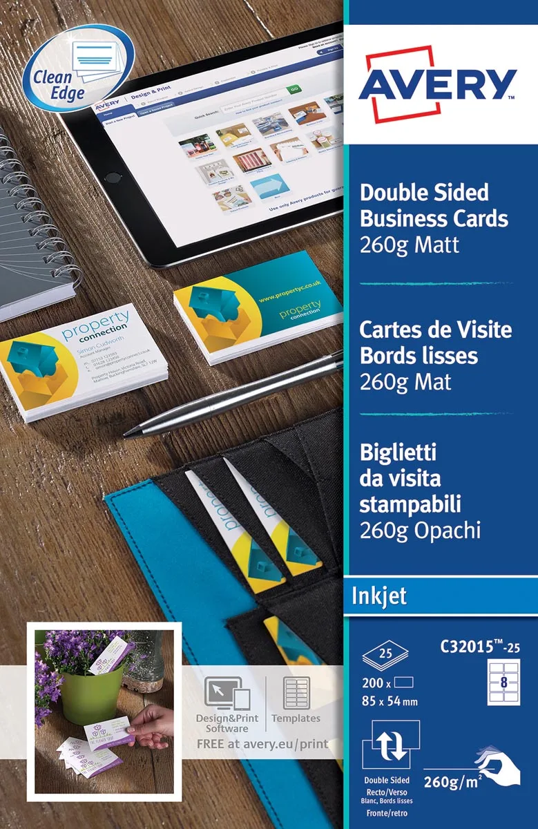visitekaarten voor inkjet Quick&Clean mat, 200 kaartjes, 260 g/m² by Avery – product photo