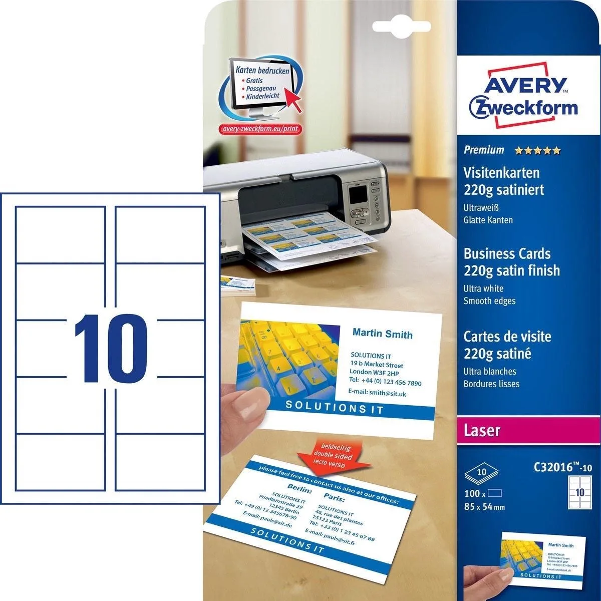 visitekaartjes Avery 85x54mm 220gr 10 vel 10 kaarten per vel AV-C32016-10 van Avery in Wit – productfoto