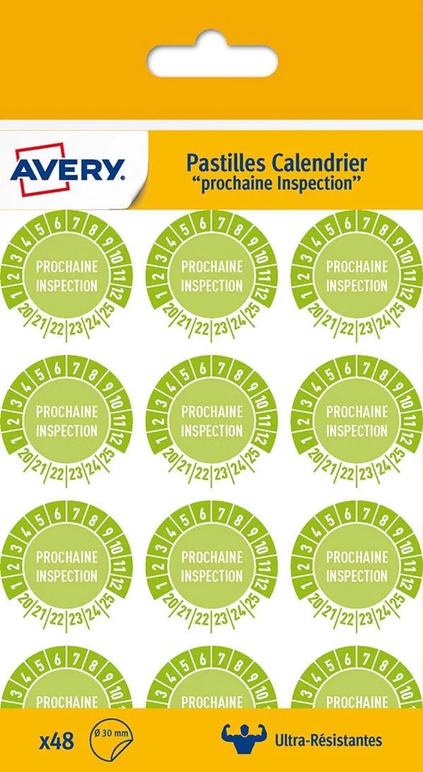 "Volgende Inspectie" Labels: 48 stuks, 20-25, 30mm diameter by Avery in White – product photo