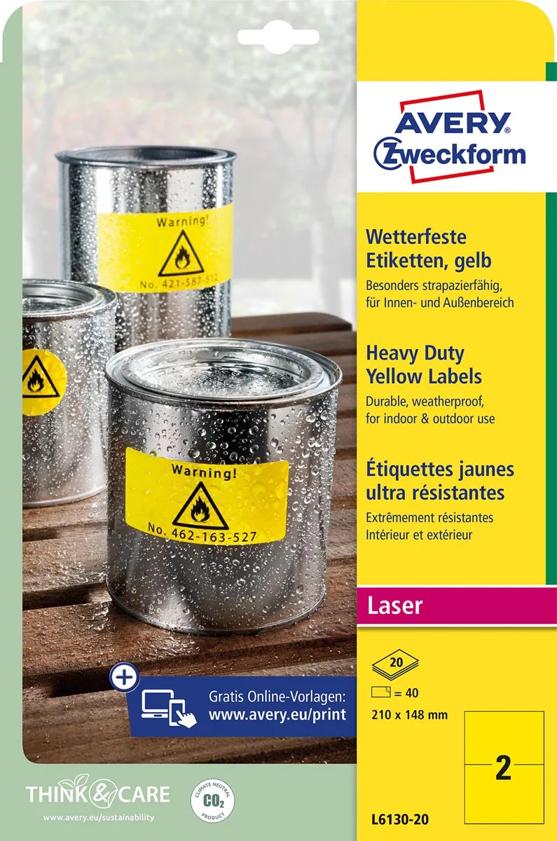 weerbestendige etiketten, ft 210 x 148 mm, geel, pak van 40 etiketten by Avery – product photo