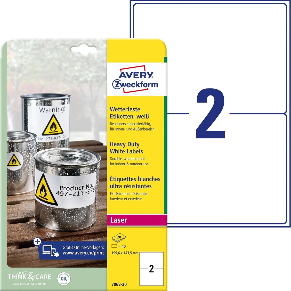Weerbestendige Folie Labels L7068-20, 40 stuks, 199.6x143.5mm van Avery in Wit – productfoto
