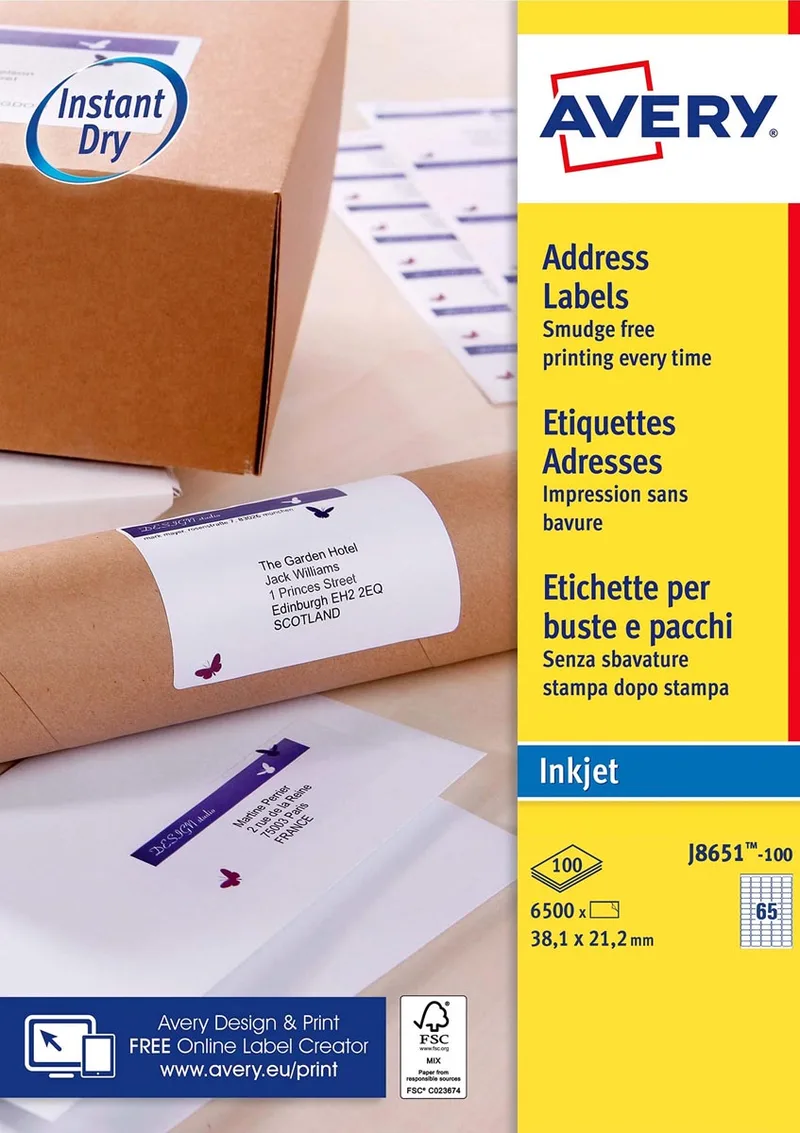 witte etiketten QuickDry ft 38,1 x 21,2 mm (b x h), 6.500 stuks, 65 per blad by Avery – product photo