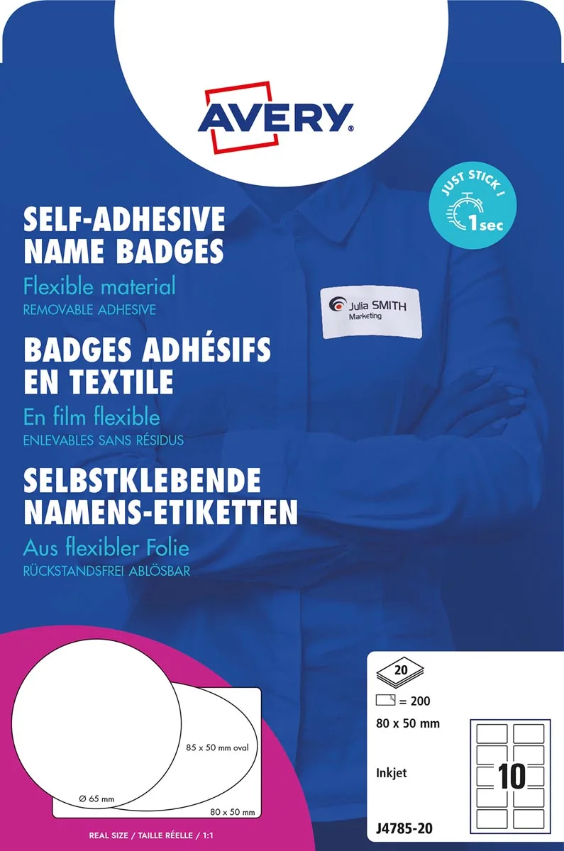 zelfklevende badge ft 80 x 50 mm, doos van 200 stuks, wit fra Avery – produktbillede