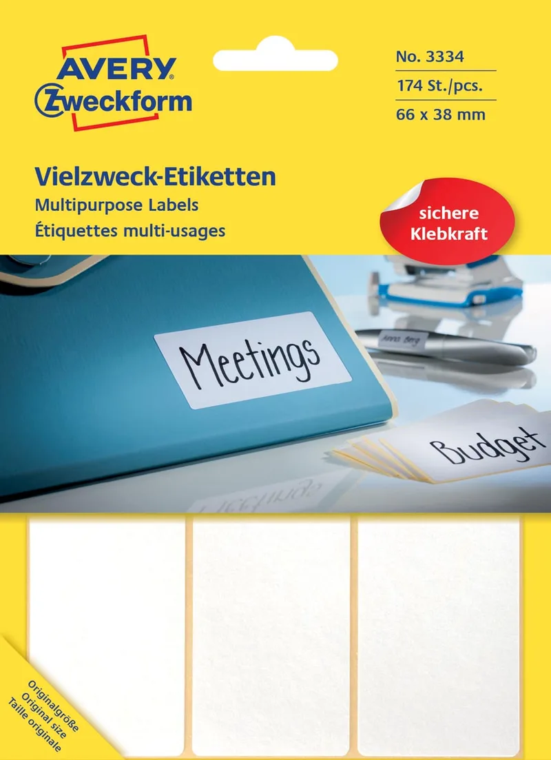 Zweckform 3334 universele etiketten ft 66 x 38 mm (b x h), 174 etiketten, wit van Avery – productfoto