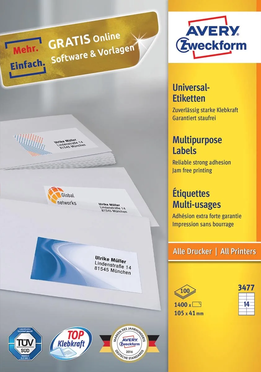 Zweckform 3477, Universele etiketten, Ultragrip, wit, 100 vel, 14 per vel, 105 x 41 mm 5 stuks van Avery in 105 × 41 mm – productfoto