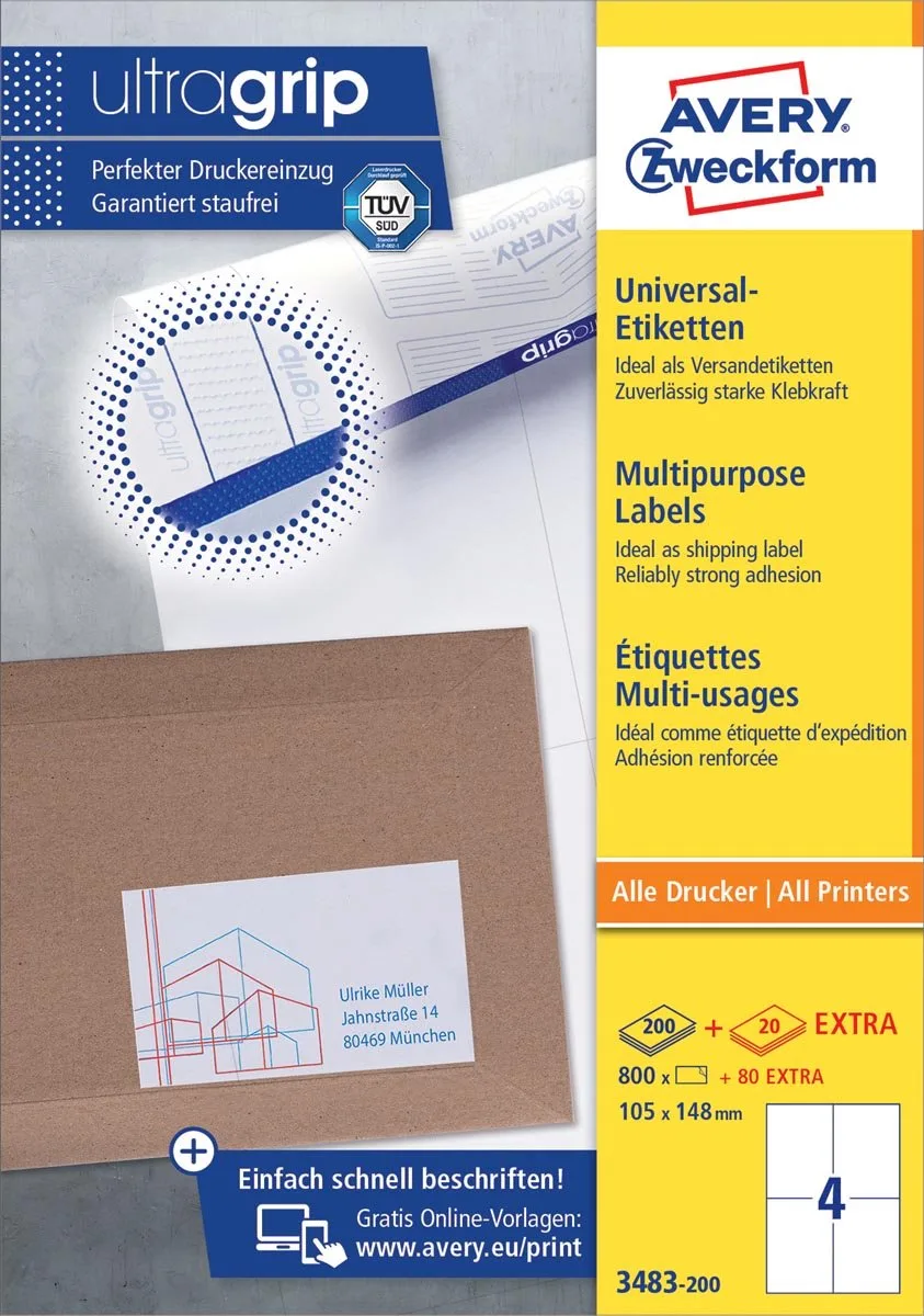 Zweckform 3483-2, Universele etiketten, Ultragrip, wit, 200 vel, 4 per vel, ft 105 x 148 mm 7 stuks från Avery i 105 × 148 mm – produktbild