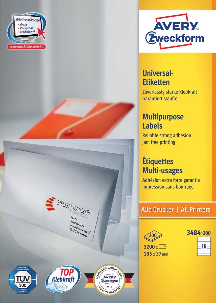 Zweckform 3484, Universele etiketten, Ultragrip, wit, 200 vel, 16 per vel, 105 x 37 mm 7 stuks von Avery in 105 × 37 mm – Produktfoto