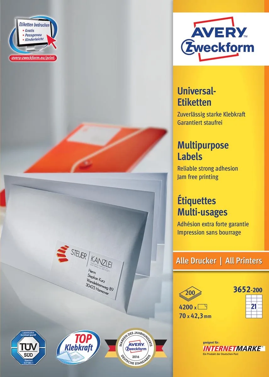 Zweckform 3652, Universele etiketten, Ultragrip, wit, 200 vel, 21 per vel, 70 x 42,3 mm 7 stuks von Avery in 70 × 42, 3 mm – Produktfoto