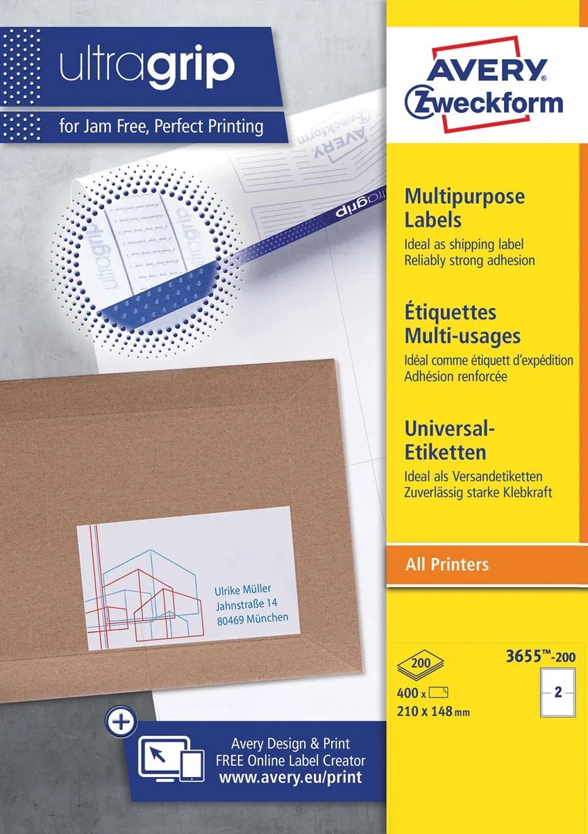Zweckform 3655-2, Universele etiketten, Ultragrip, wit, 200 vel, 2 per vel, ft 210 x 148 mm 5 stuks från Avery i 210 × 148 mm – produktbild