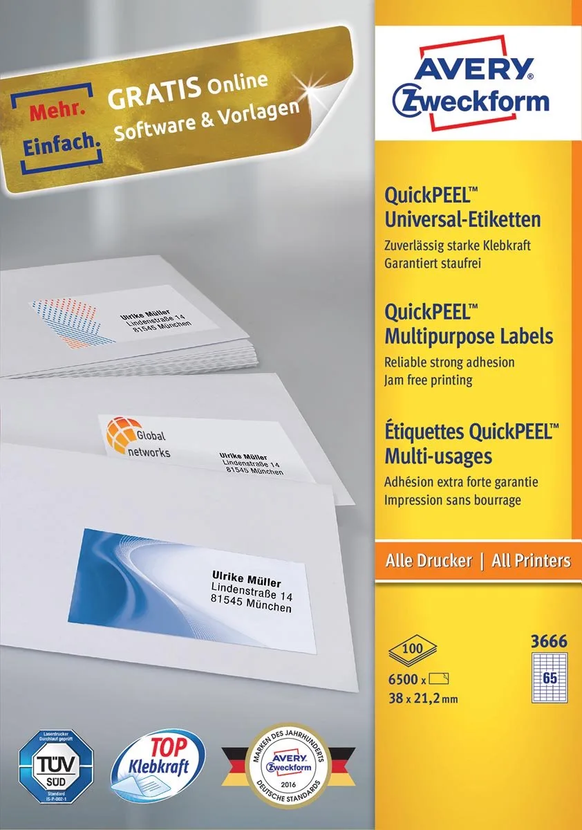 Zweckform 3666, Universele etiketten, Ultragrip, wit, 100 vel, 65 per vel, 38 x 21,2 mm 5 stuks fra Avery i 38 × 21, 2 mm – produktbillede
