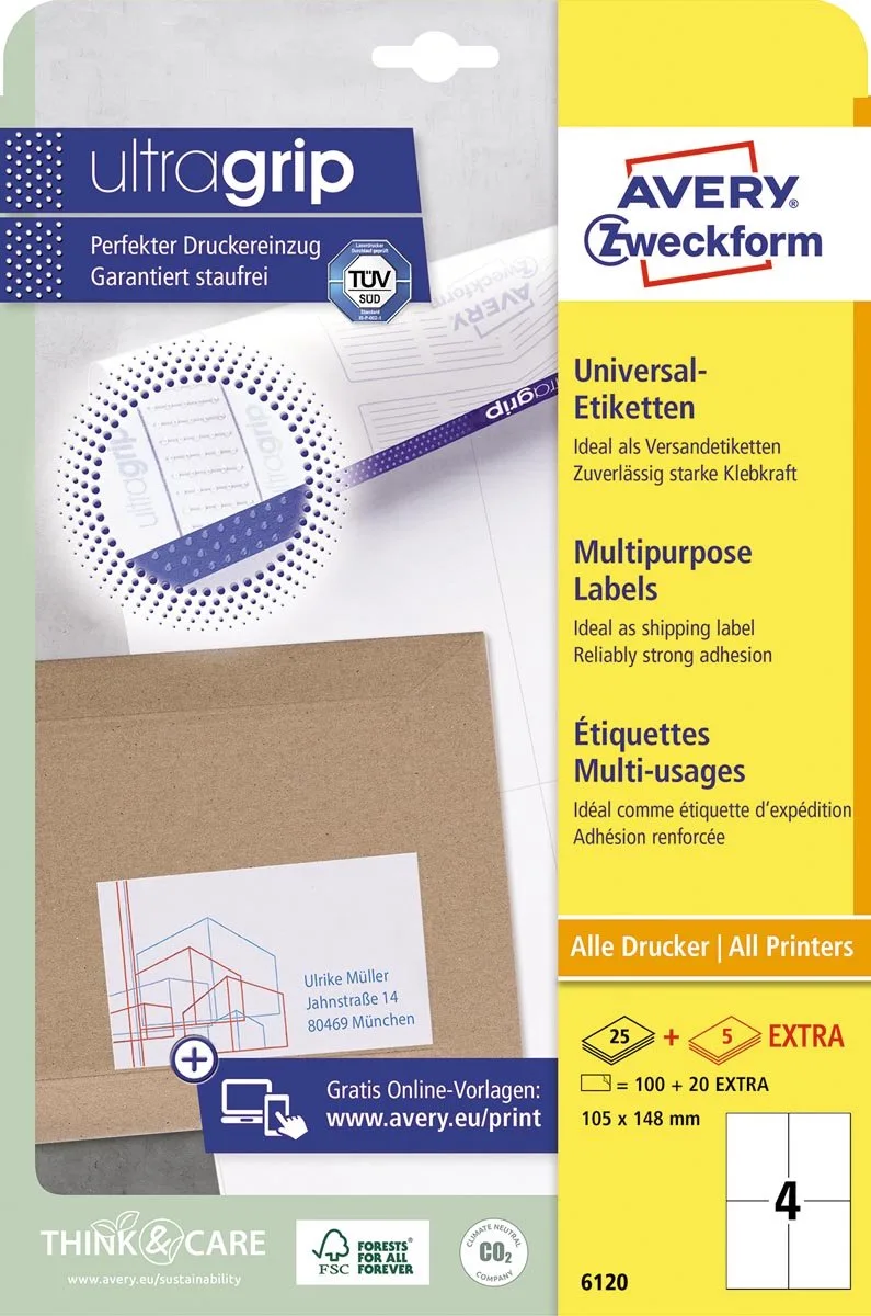 Zweckform 6120, Universele etiketten, Ultragrip, wit, 25+5 vel, 4 per vel, 105 x 148 mm 5 stuks von Avery in 105 × 148 mm – Produktfoto