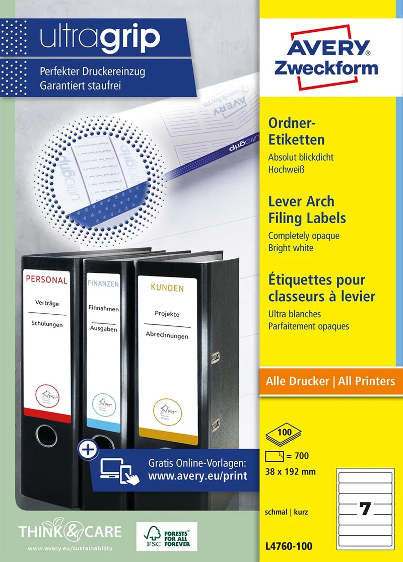 Zweckformft L4760-100 ordnerrugetiketten ft 192 x 38 mm (b x h), 700 etiketten, wit van Avery – productfoto