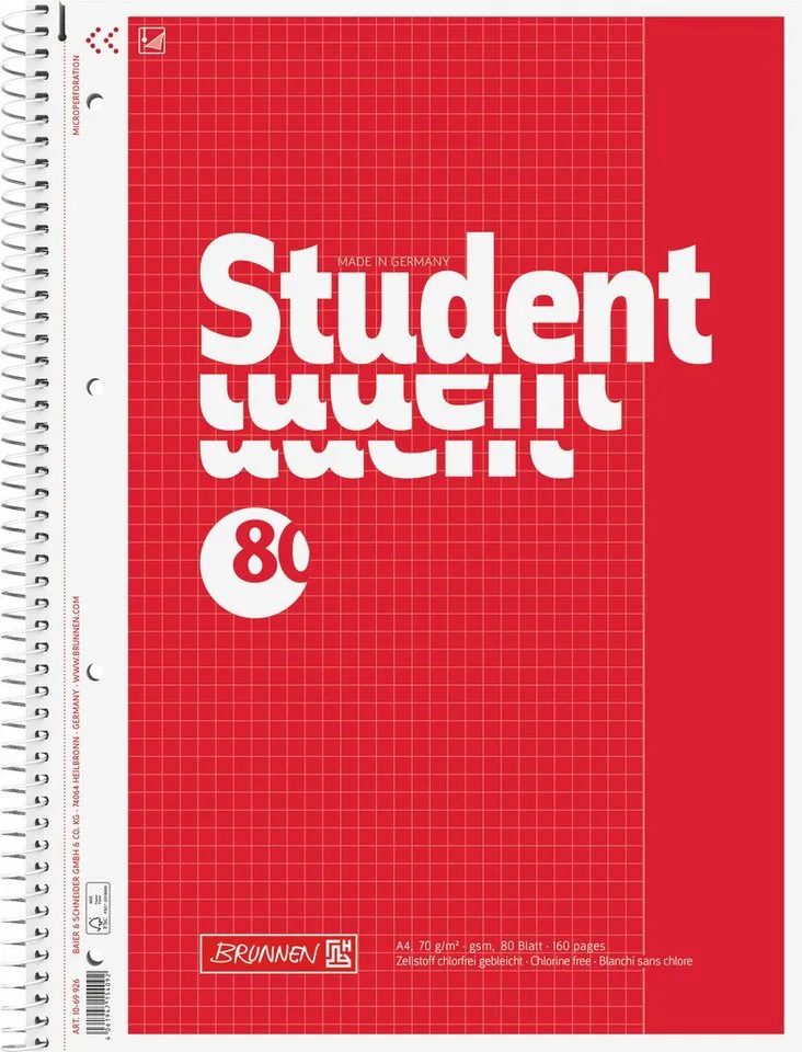 Collegeblock Collegeblock Student A4 80 Blatt kariert von Baier & Schneider in Rot – Produktfoto