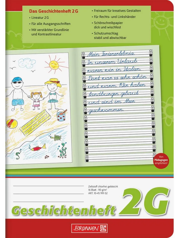 Schulheft Geschichtenheft A5 Lineatur 2G grün, linke Seite unliniert rechte Seite Lineatur 2G von Baier & Schneider – Produktfoto