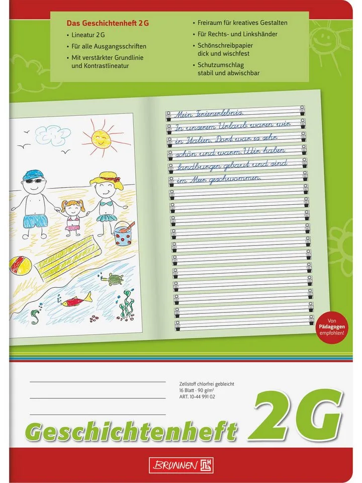 Schulheft Geschichtenheft DIN A4 Lineatur 2G 16 Blatt grün, abwischbarer Umschlag von Baier & Schneider – Produktfoto