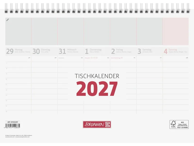 Tischkalender Tischkalender 2027 Wochenplaner mit Stundeneinteilung von Baier & Schneider in Weiß – Produktfoto