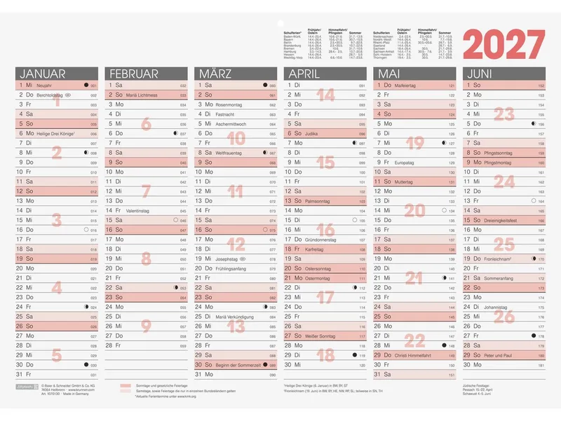 Wandkalender Tafelkalender 2027 A3 quer 6 Monate pro Seite, 6 Monate pro Seite de Baier & Schneider en Rouge, Noir – photo produit