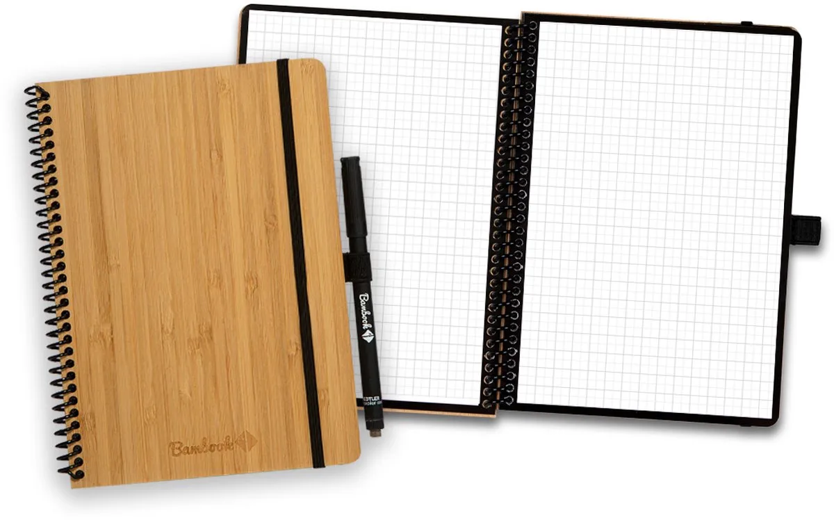 Classic uitwisbaar notitieboek - Hardcover - A5 - Geruite pagina's - Duurzaam, herbruikbaar whiteboard schrift - Met 1 gratis stift de Bambook en Bamboe – photo produit