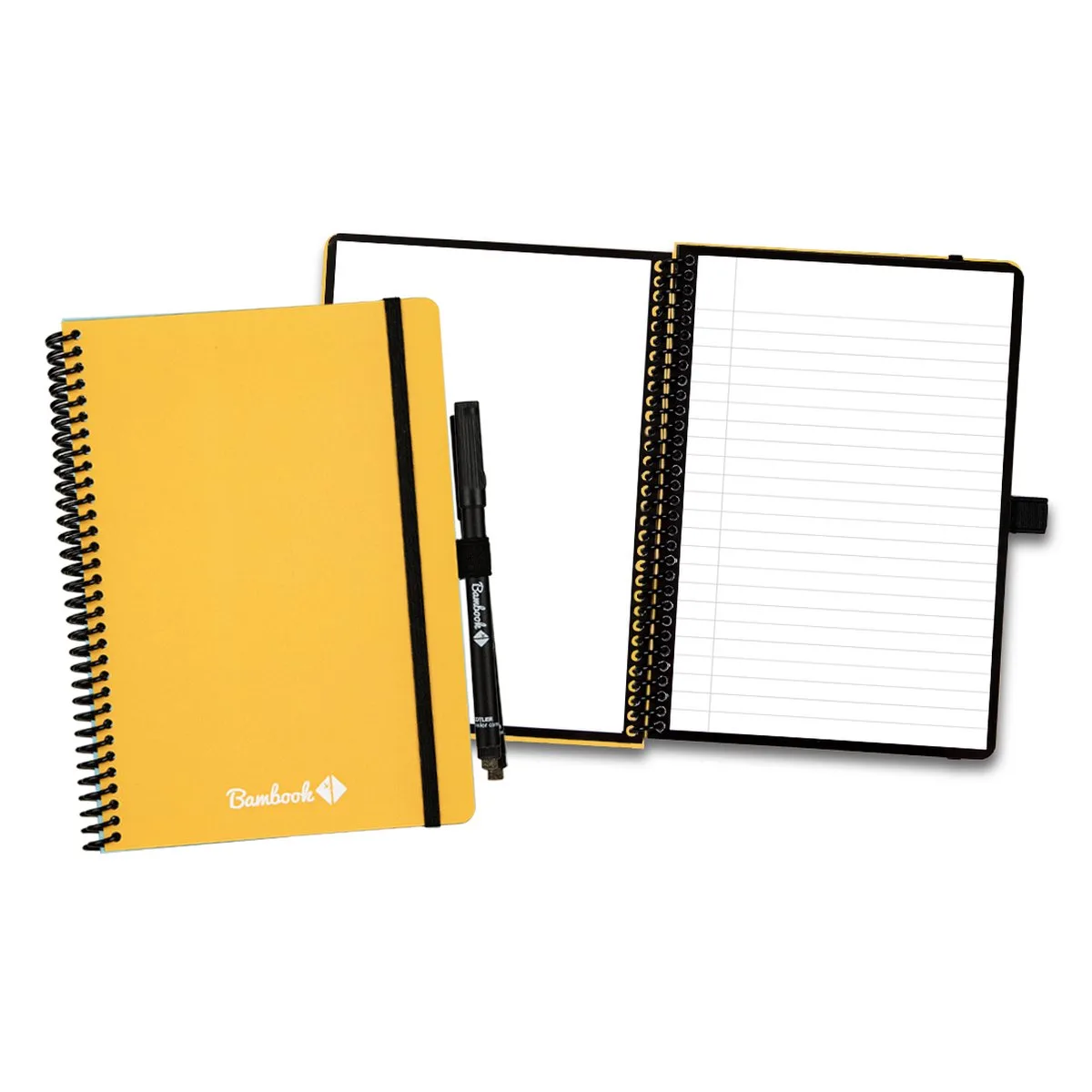 Colourful uitwisbaar notitieboek - A5 - Pagina's: Blanco & Gelinieerd - Duurzaam, herbruikbaar whiteboard schrift - Met 1 gratis stift von Bambook in Gelb – Produktfoto