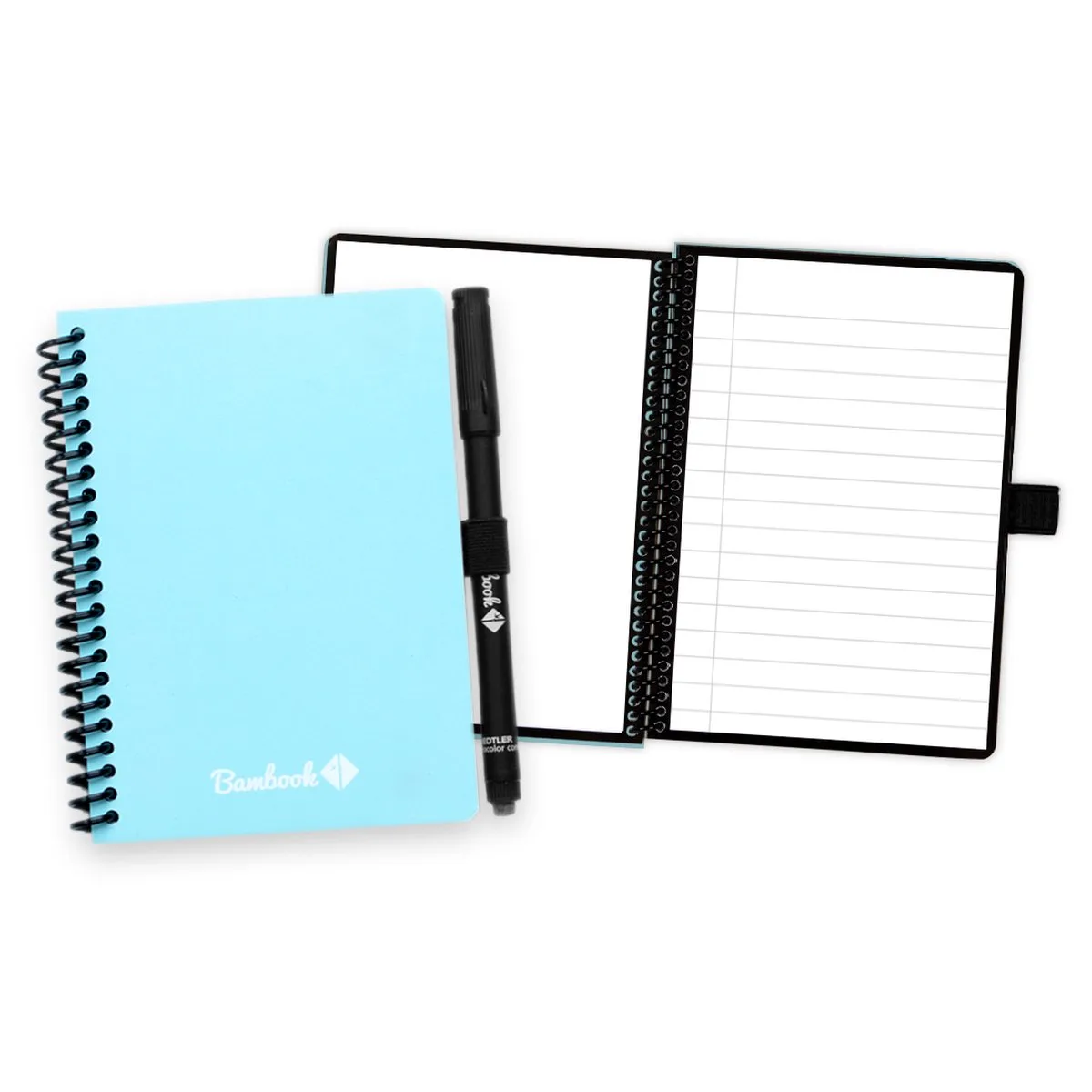 Colourful uitwisbaar notitieboek - A6 - Blanco & lined - Duurzaam, herbruikbaar whiteboard schrift - Met 1 gratis stift van Bambook in Blauw – productfoto