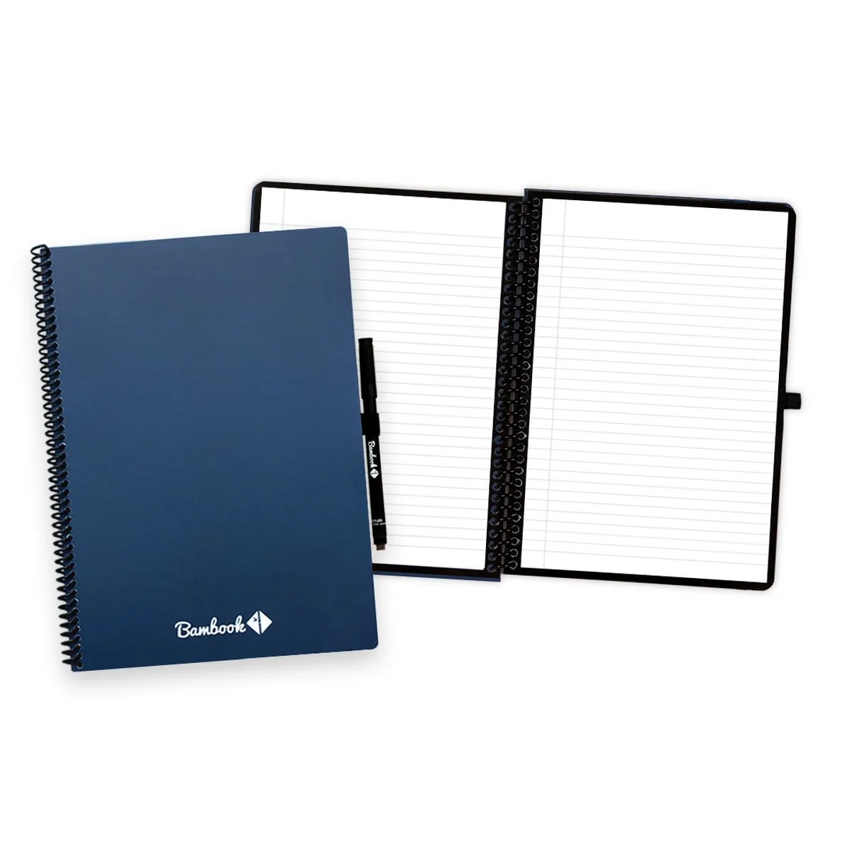 Colourful uitwisbaar notitieboek - Donkerblauw - A4 - Gelinieerde pagina's - Duurzaam, herbruikbaar whiteboard schrift - Met 1 gratis stift de Bambook en Bleu foncé – photo produit