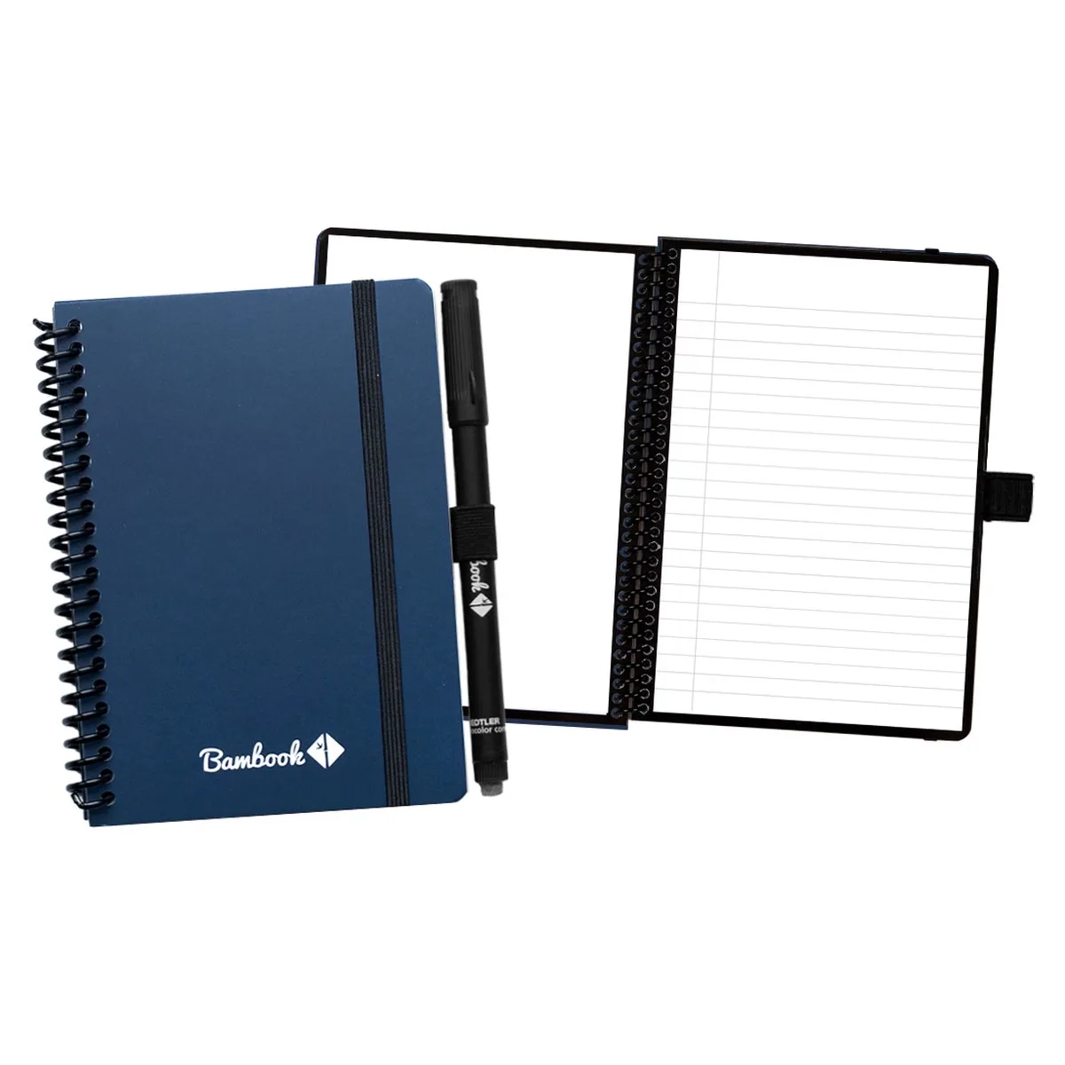 Colourful uitwisbaar notitieboek - Donkerblauw - A6 - Blanco & lined - Duurzaam, herbruikbaar whiteboard schrift - Met 1 gratis stift de Bambook en Bleu foncé – photo produit