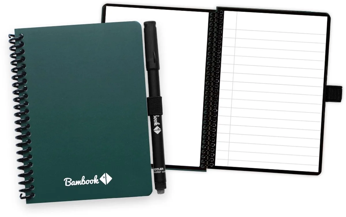 Colourful uitwisbaar notitieboek - Donkergroen - A6 - Blanco & lined - Duurzaam, herbruikbaar whiteboard schrift - Met 1 gratis stift van Bambook in Forest – productfoto