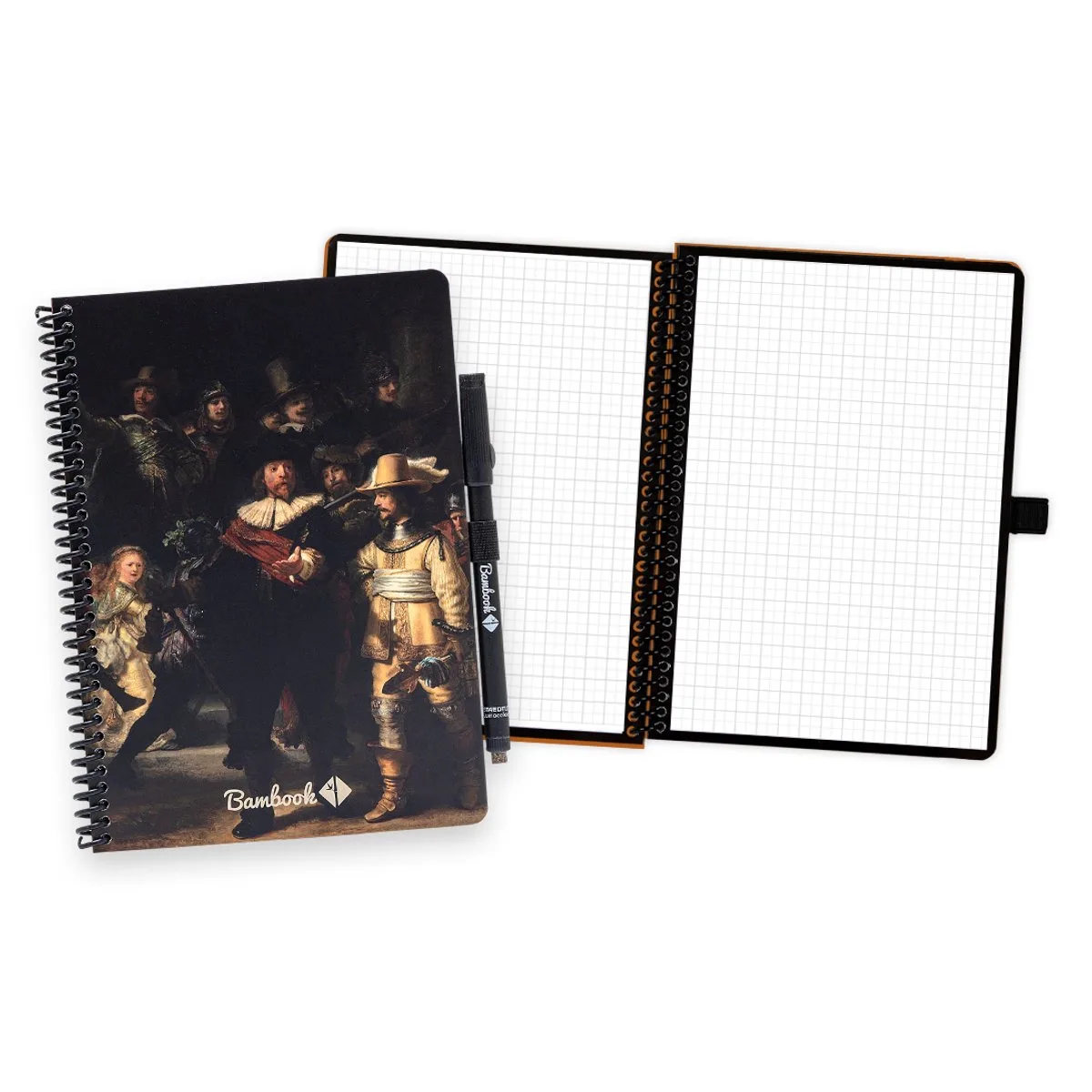 Dutch Masters uitwisbaar notitieboek - Rembrandt - De Nachtwacht - A5 - Geruite pagina's - Duurzaam, herbruikbaar whiteboard schrift - Met 1 gratis stift de Bambook en De Nachtwacht (Rembrandt) – photo produit
