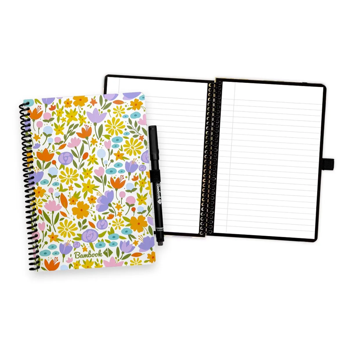 Floral uitwisbaar notitieboek - Spring - A5 - Gelinieerde pagina's - Duurzaam, herbruikbaar whiteboard schrift - Met 1 gratis stift van Bambook in Floral Spring – productfoto