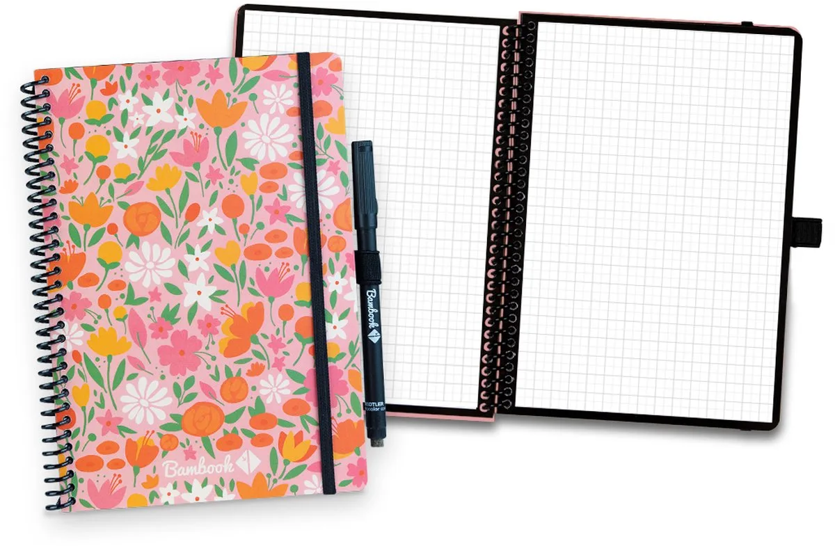 Floral uitwisbaar notitieboek - Summer - A5 - Geruite pagina's - Duurzaam, herbruikbaar whiteboard schrift - Met 1 gratis stift van Bambook in Floral Summer – productfoto